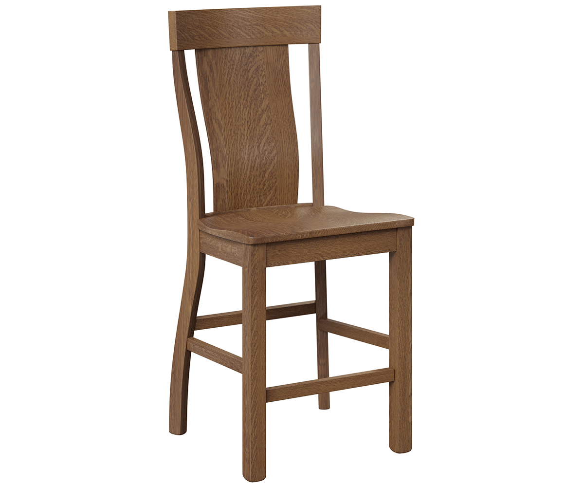 Weldon solid hardwood bar chair in a medium brown finish with a curved lumbar support back.