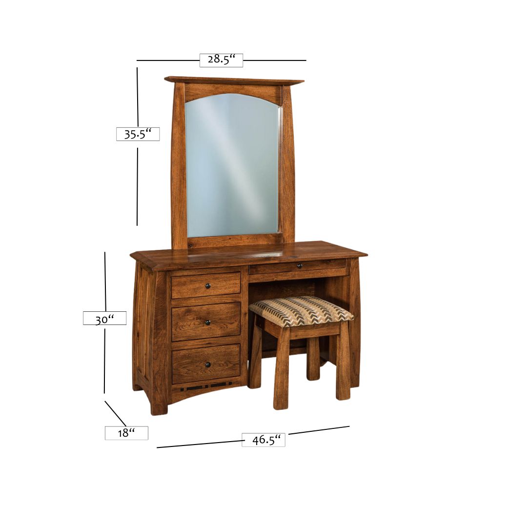 Artisan Inlay wooden vanity set with mirror, drawers, and patterned stool, showing dimensions.