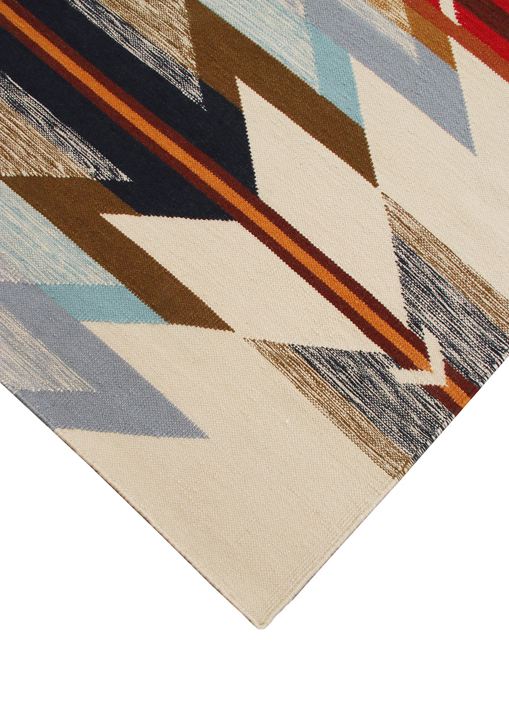 Pendleton Wyeth Trail flat-weave wool rug with Southwest arrow patterns in cream, blue, and orange.