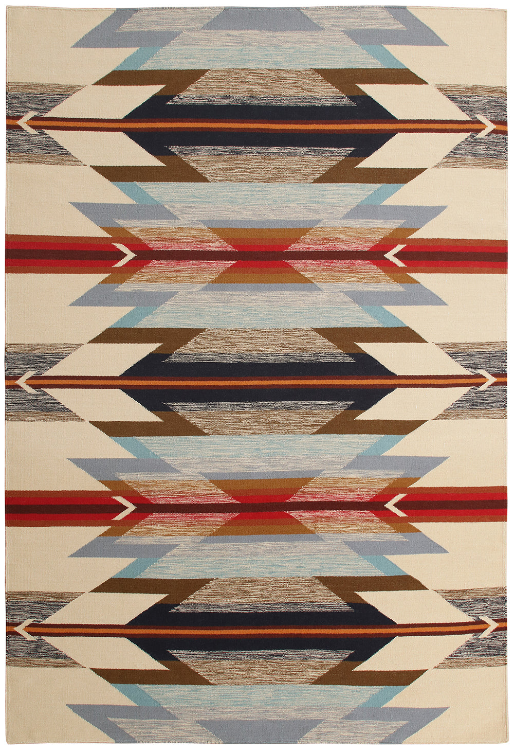 Pendleton Wyeth Trail wool flat-weave rug with Southwest geometric pattern in cream, blue, and red.