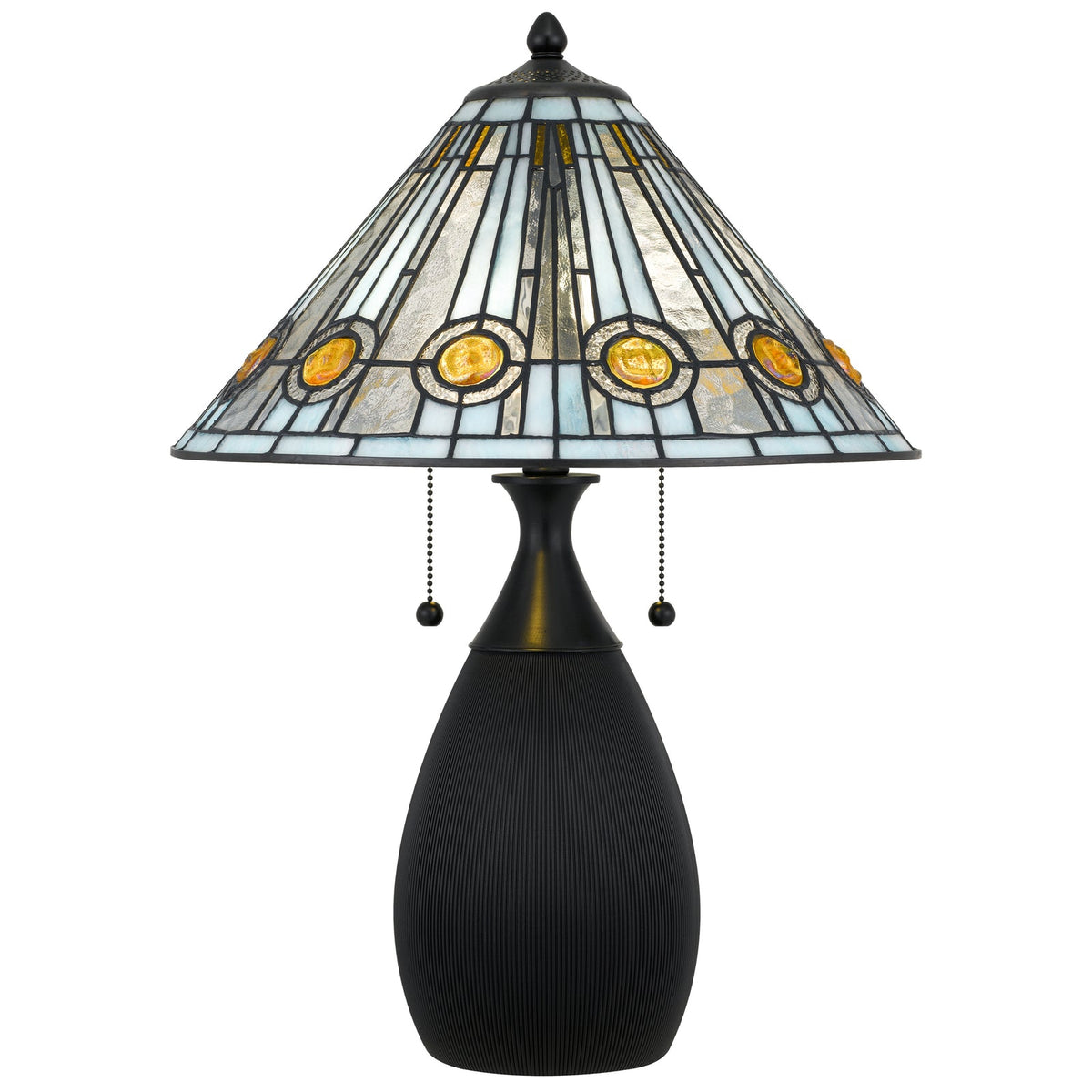 Stained glass lamp with light blue geometric and gold circle motif