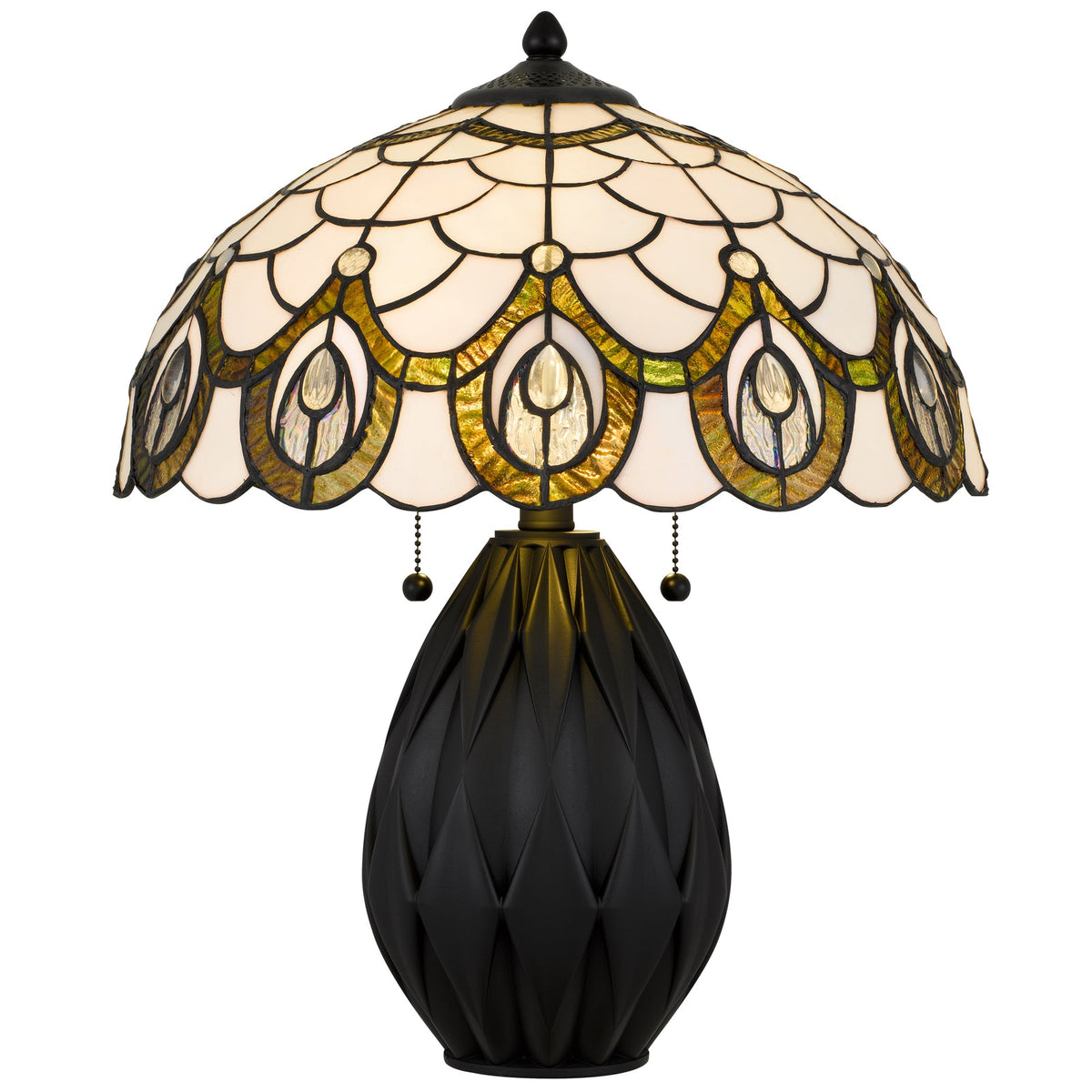 Stained glass lamp with cream gold and green scale design