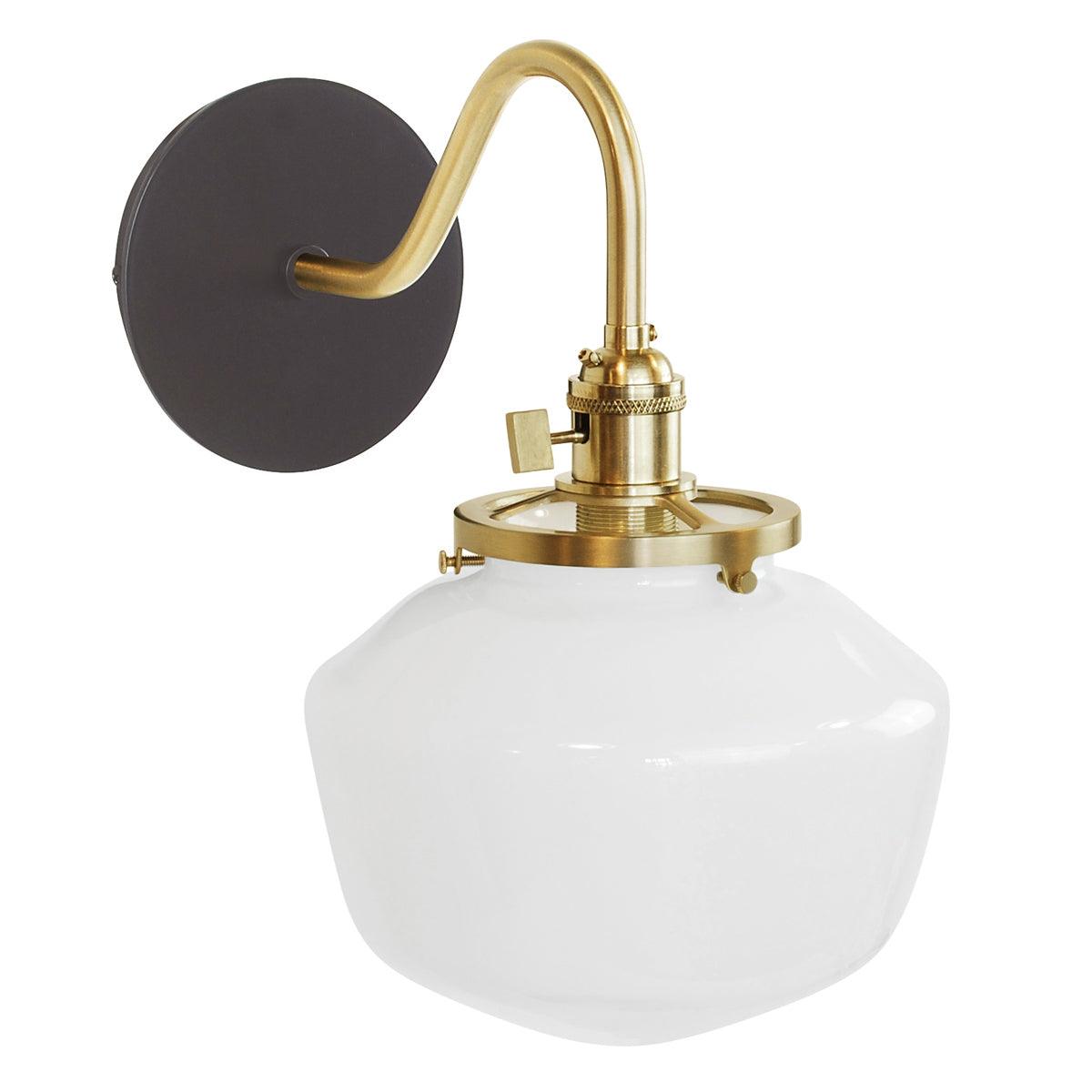 Uno Schoolhouse Gooseneck Sconce with brass arm, black backplate, and white glass shade.