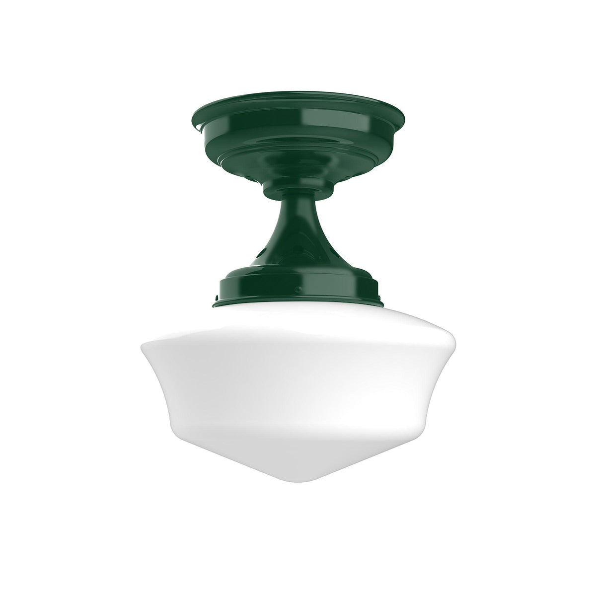 Schoolhouse flush mount light fixture with a green metal base and white glass globe.