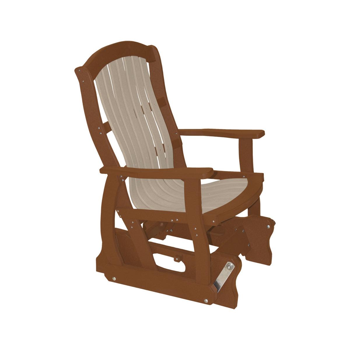 Classic Cottage Glider in brown and tan Craftsman style poly lumber.