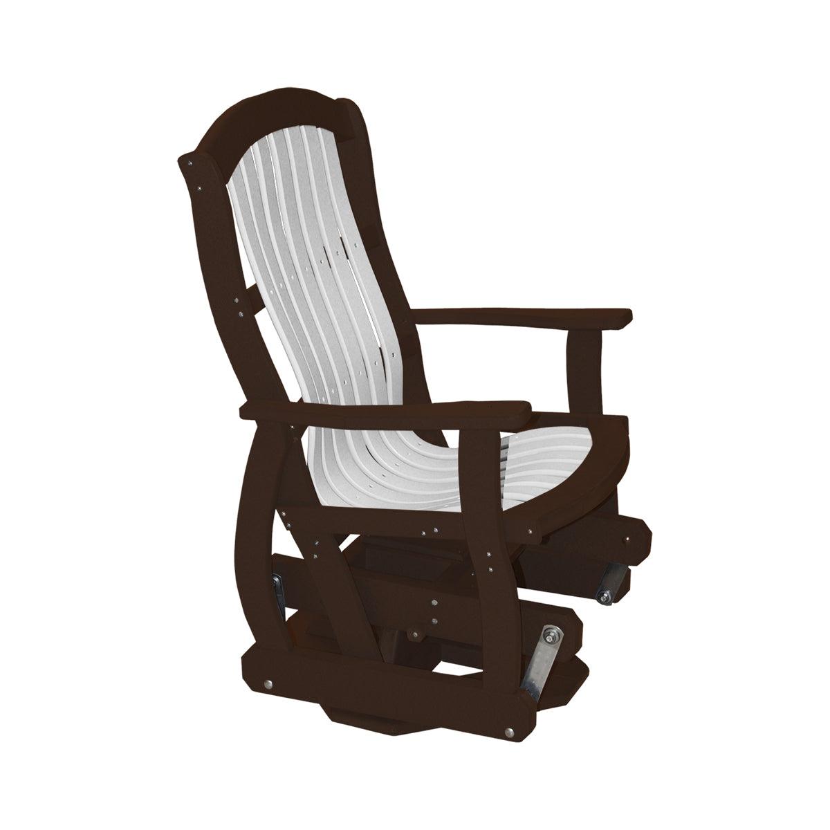 Classic Cottage Swivel Glider in brown and white poly lumber, side view.