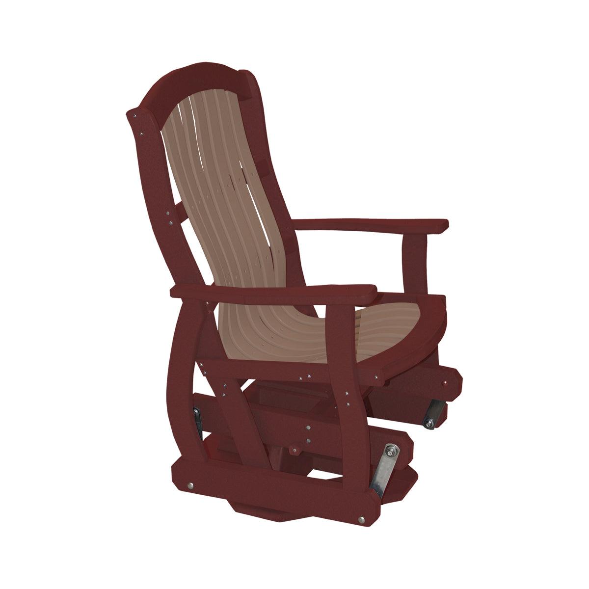 Classic Cottage Swivel Glider in dark red and tan poly lumber.