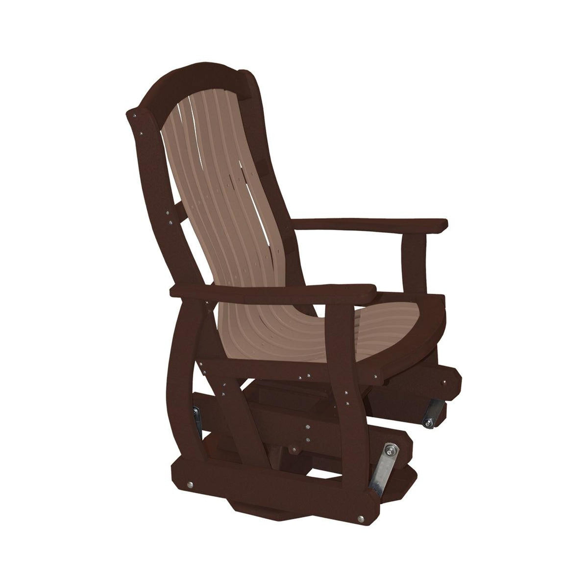 Classic Cottage Swivel Glider in brown and tan poly lumber, side view.