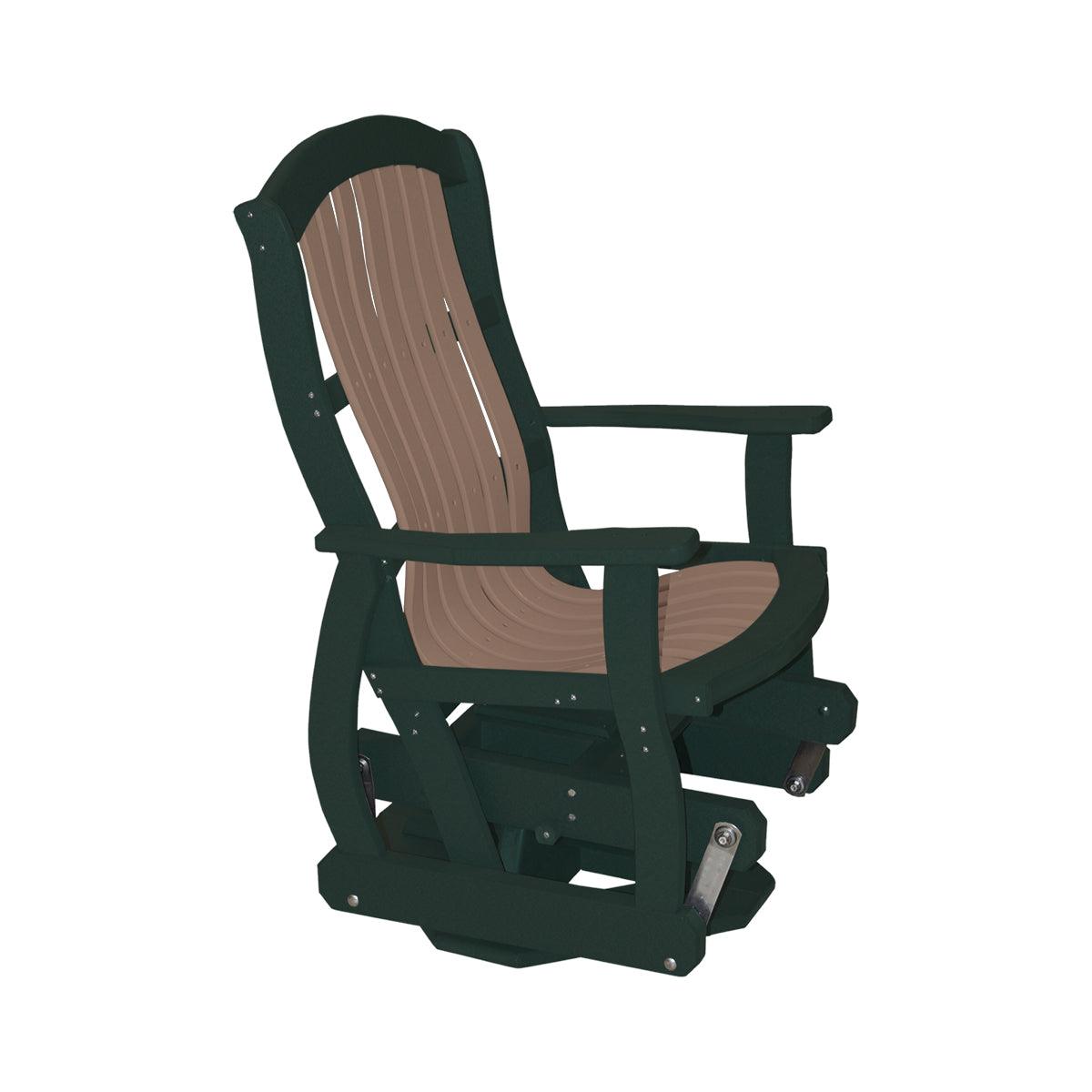 Classic Cottage Swivel Glider in dark green and brown poly lumber.