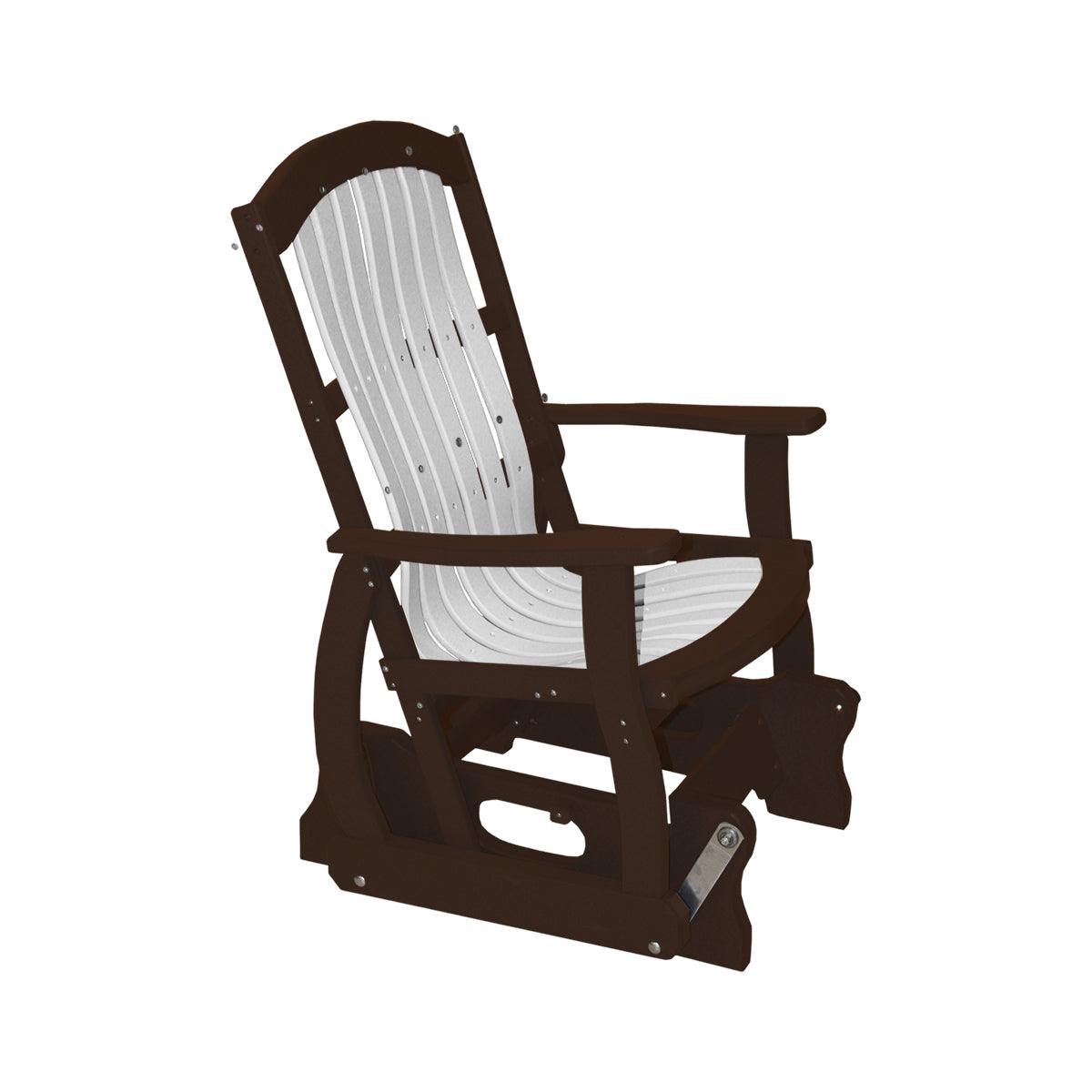 Cottage Glider outdoor chair in brown and white Craftsman style.