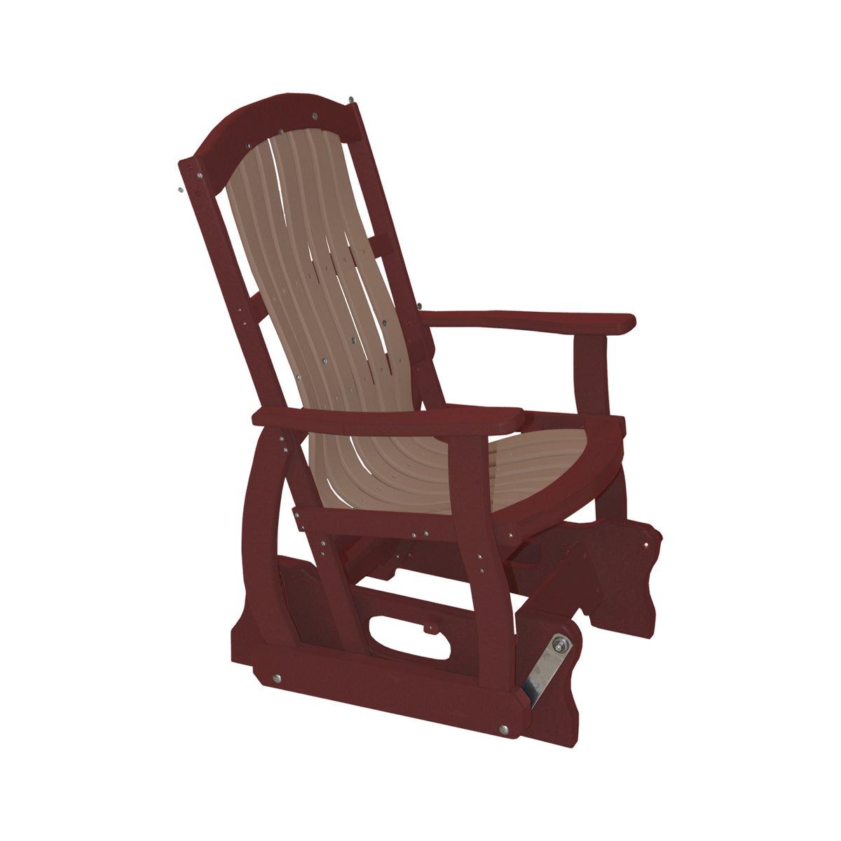 Cottage Glider outdoor chair in dark red and tan poly lumber.