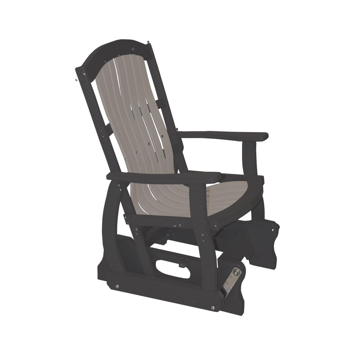 Two-tone grey and black Cottage Glider outdoor chair with a slatted back and armrests.