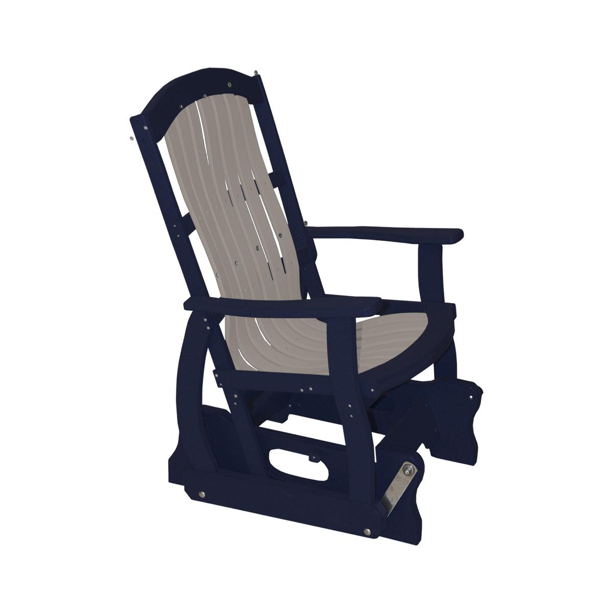 Cottage Glider outdoor chair in navy blue and grey poly lumber with a craftsman style.