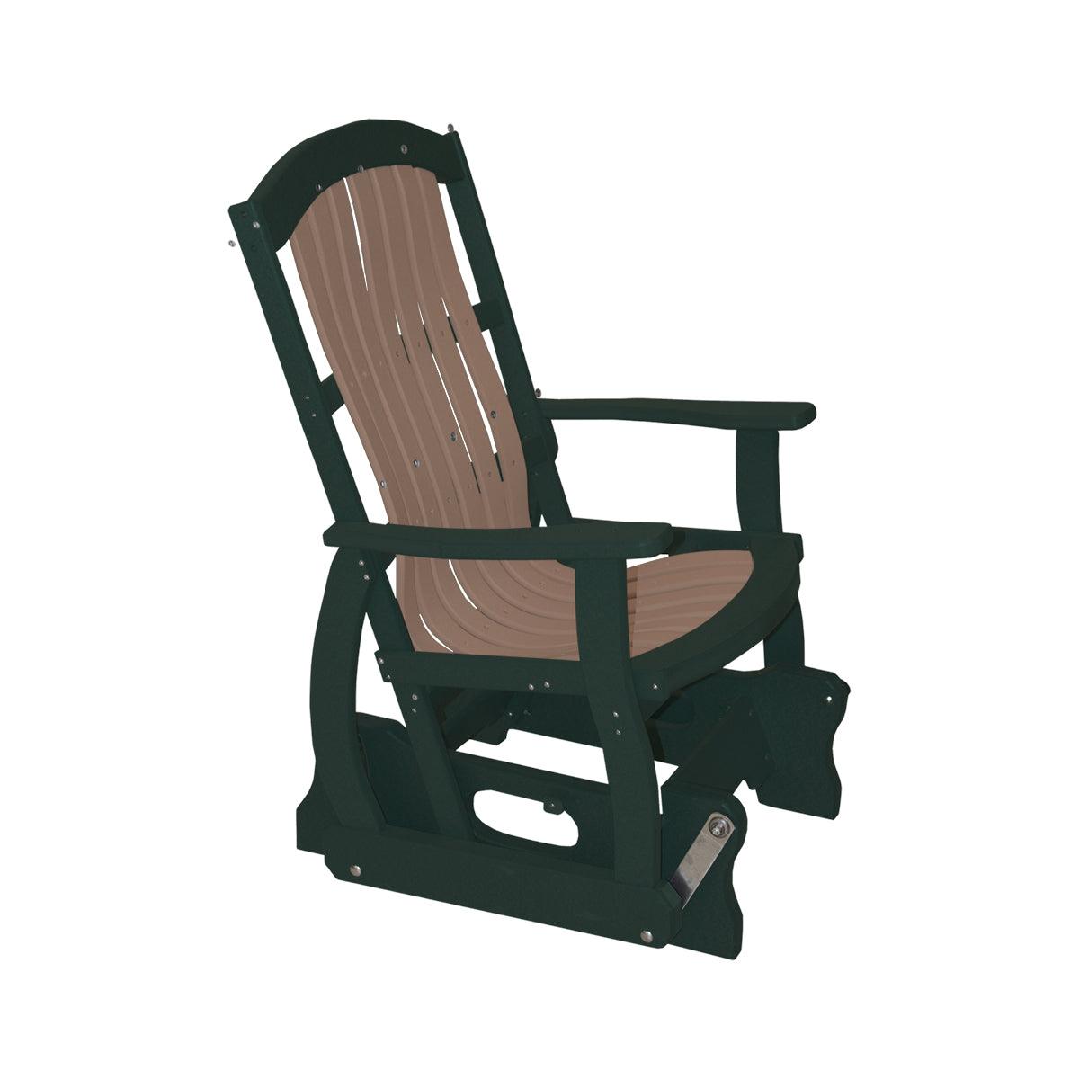 Two-tone green and brown Cottage Glider outdoor chair with a Craftsman-style high back.