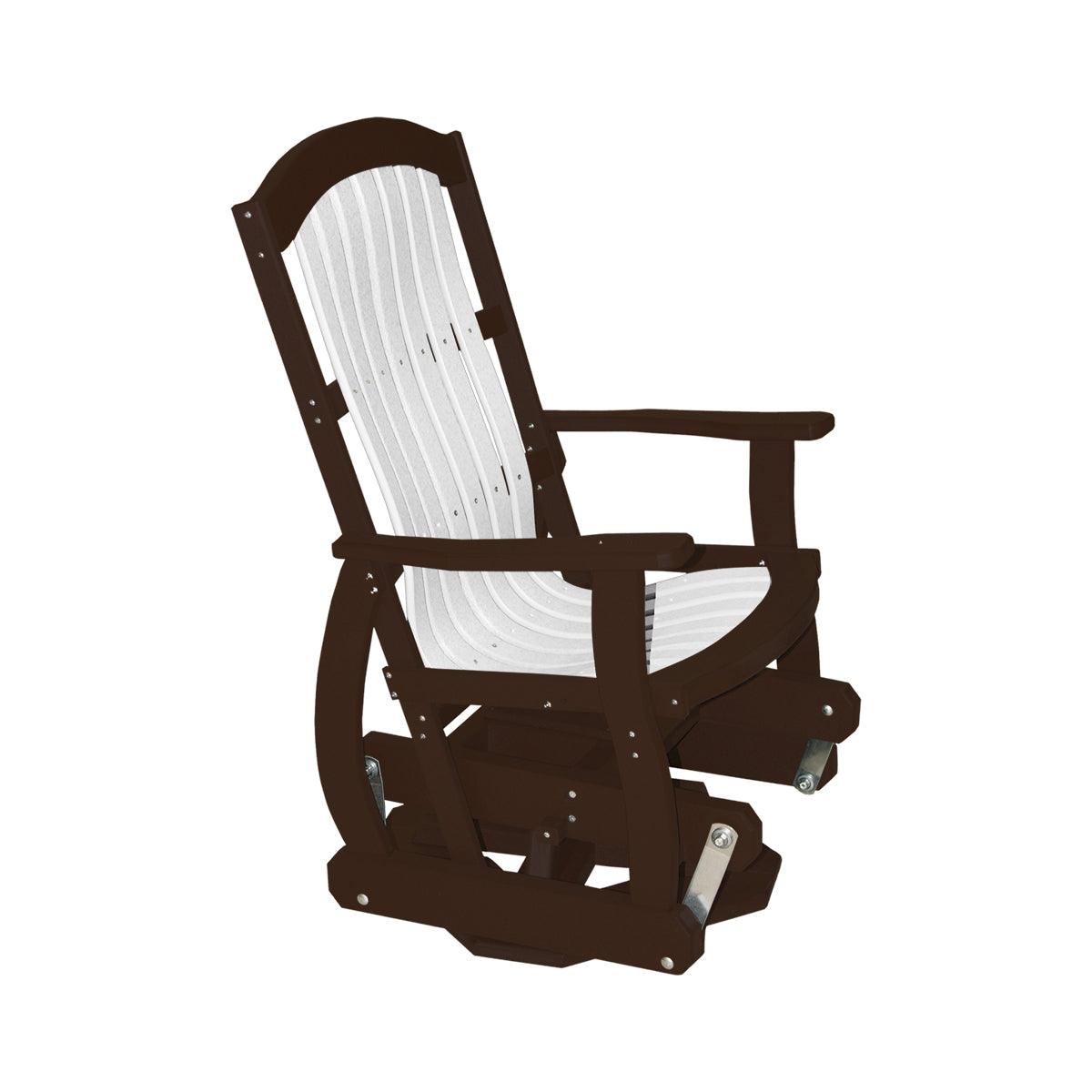Cottage Swivel Glider in brown and white poly lumber with Craftsman style slats