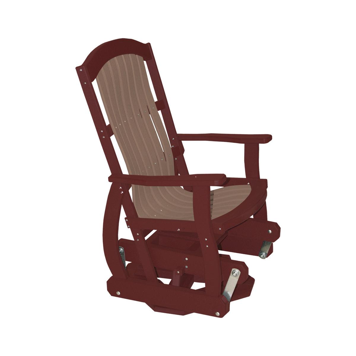 Cottage Swivel Glider in burgundy and tan poly lumber with a Craftsman-style high back.