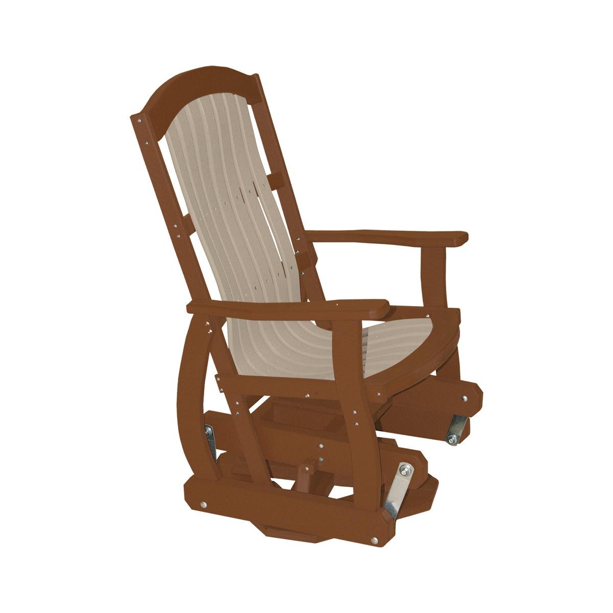 Cottage Swivel Glider in brown and tan Craftsman style poly lumber.