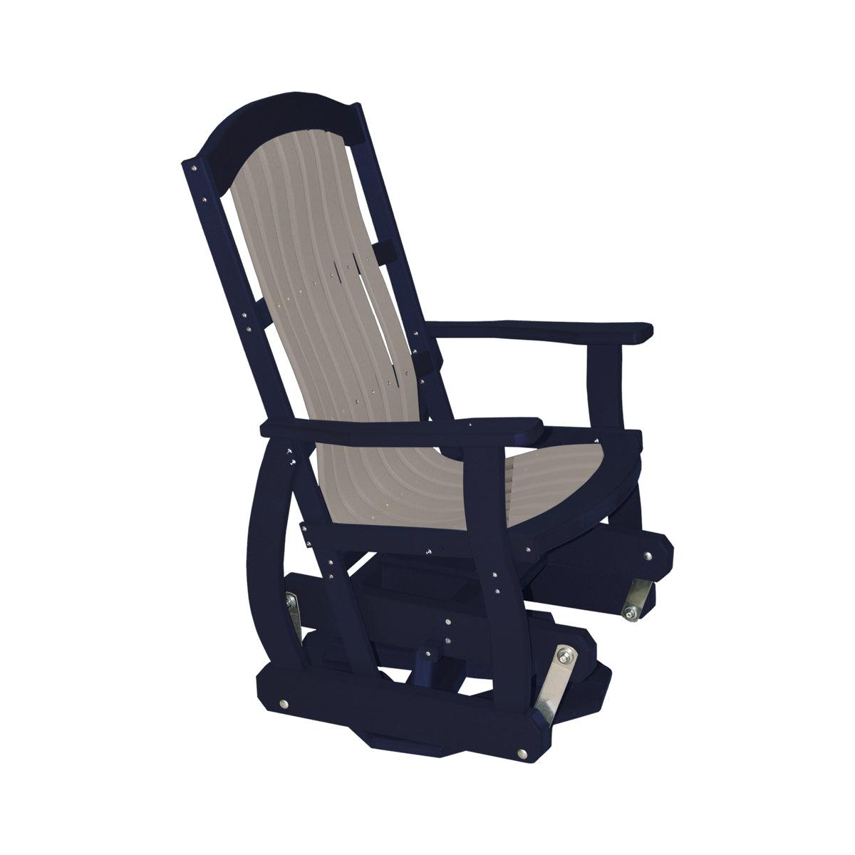 Cottage Swivel Glider in navy blue and grey poly lumber, featuring a high back and armrests.