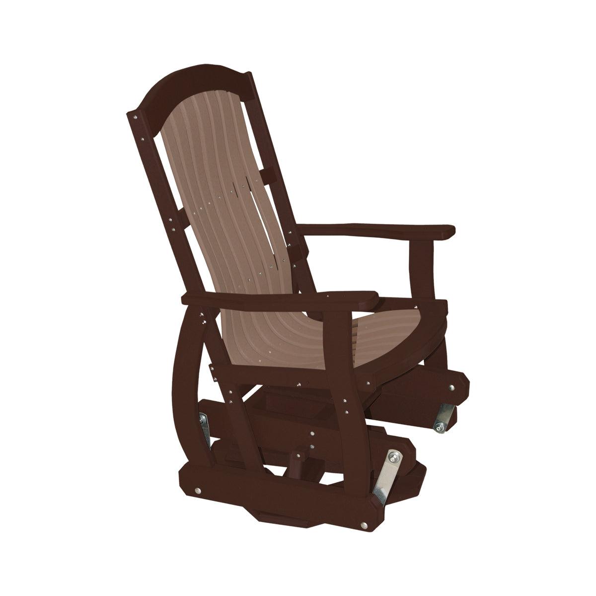 Cottage Swivel Glider in brown and tan poly lumber with Craftsman style slats.