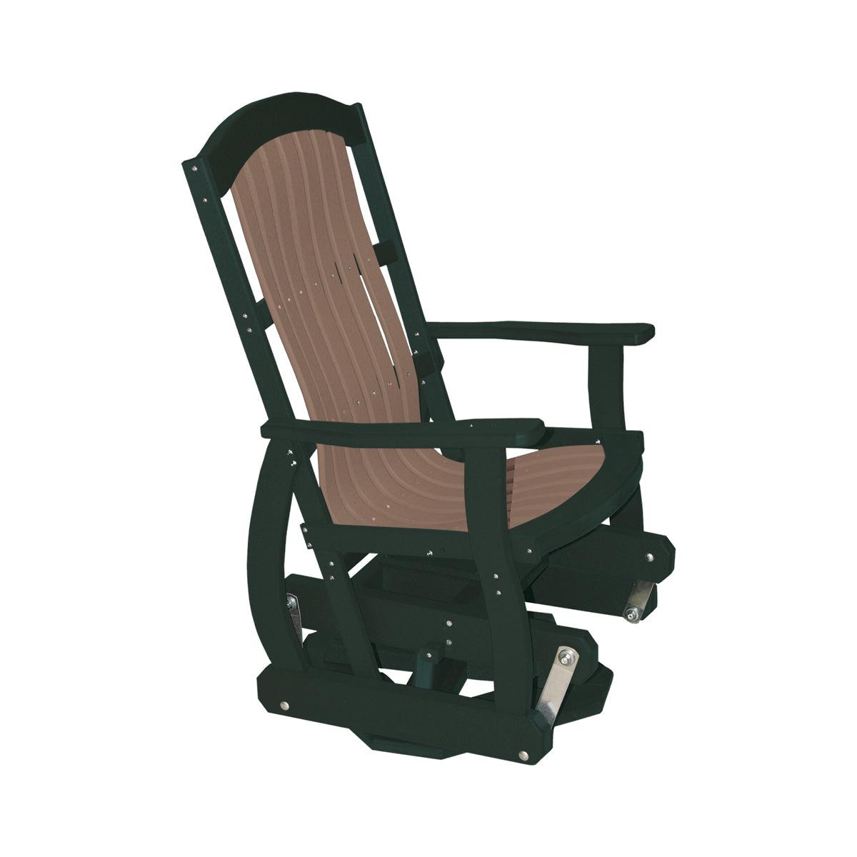 Cottage Swivel Glider in dark green and brown poly lumber with a high back.
