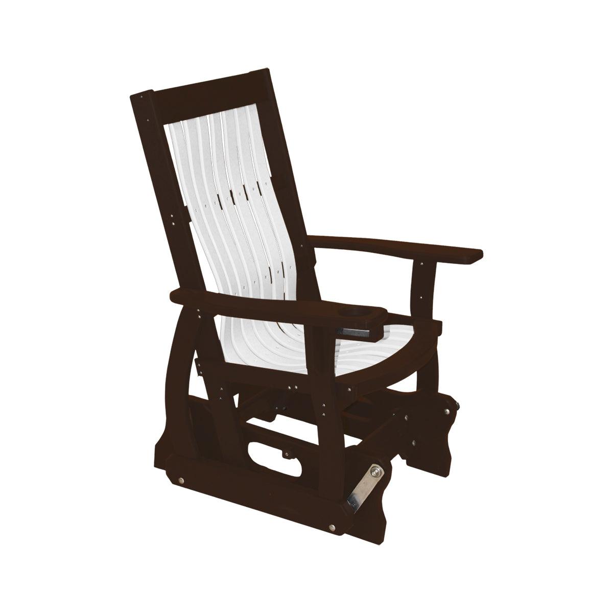 Two-tone brown and white poly Mission Style Glider chair with built-in cupholder.