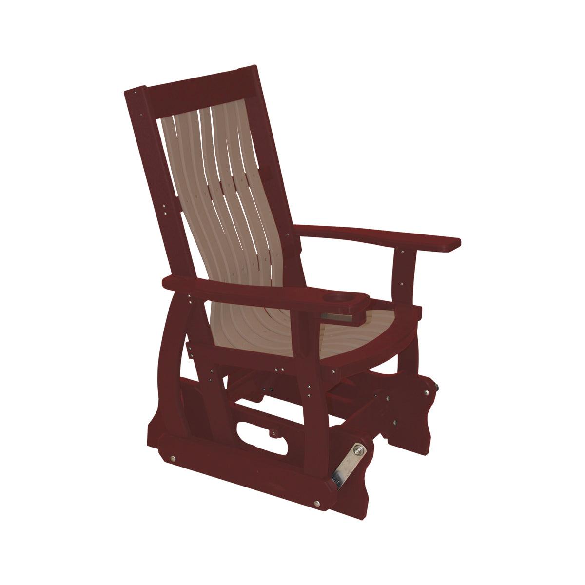 Two-tone Mission style poly glider chair in burgundy and tan with built-in cupholders