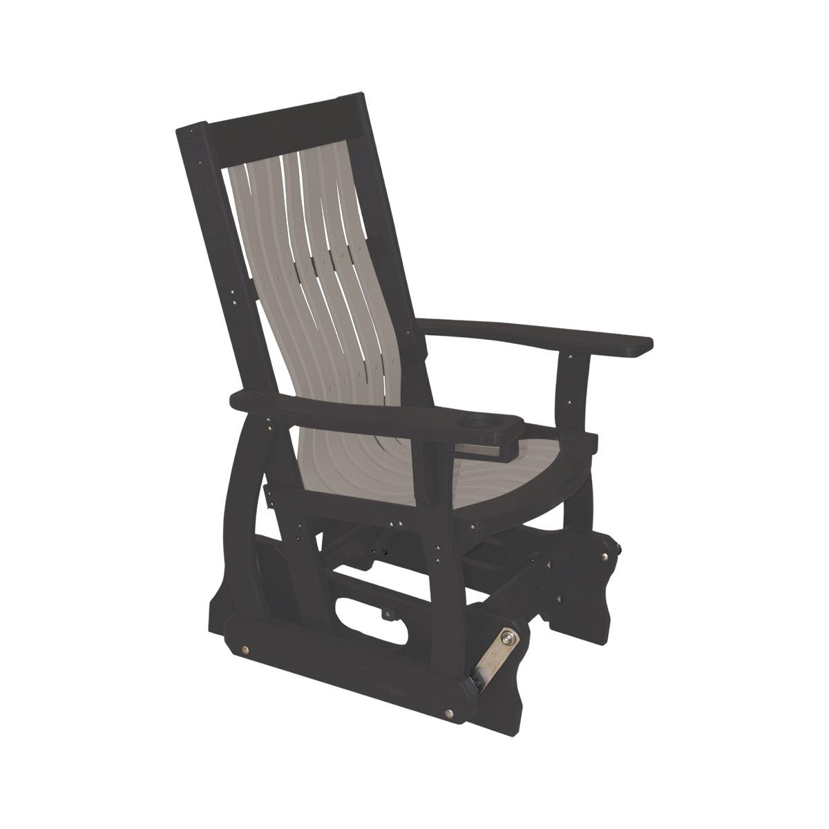 Two-tone Mission style poly glider chair in black and grey with built-in cupholders.