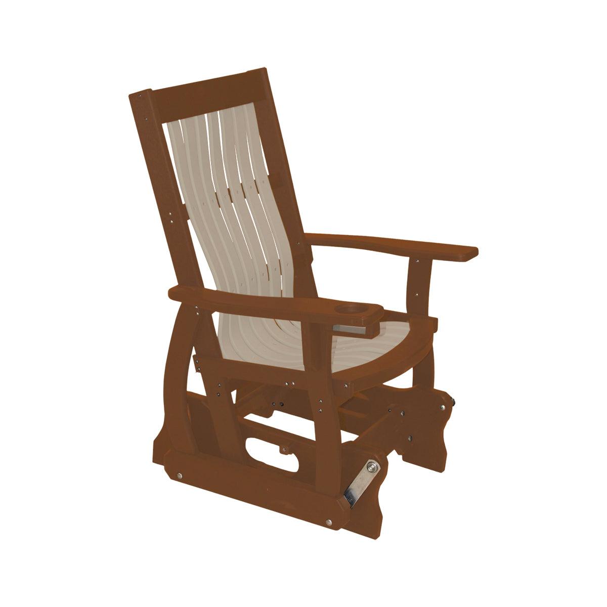 Two-tone brown and tan poly Mission Style Glider chair with built-in cupholder.