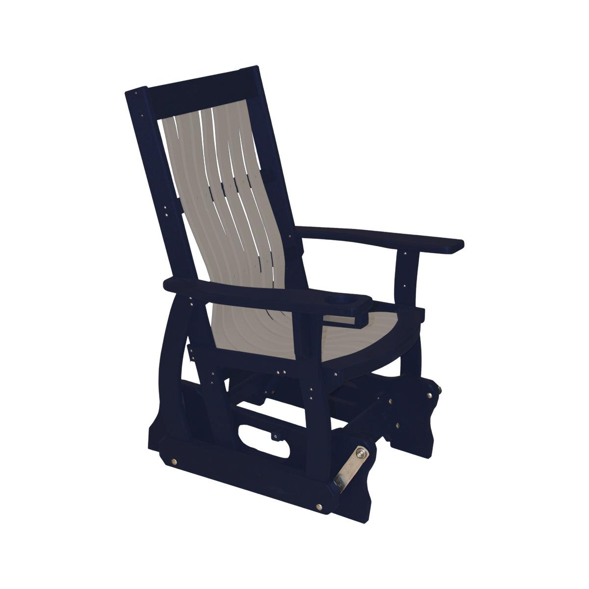 Two-tone blue and grey Mission style poly glider chair with built-in cupholder.