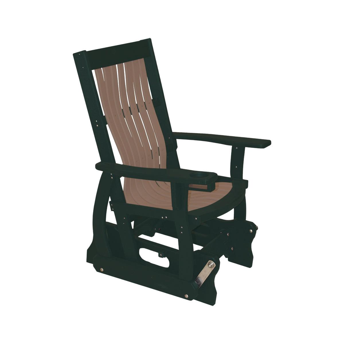 Mission style poly glider chair in dark green and brown with built-in cupholders