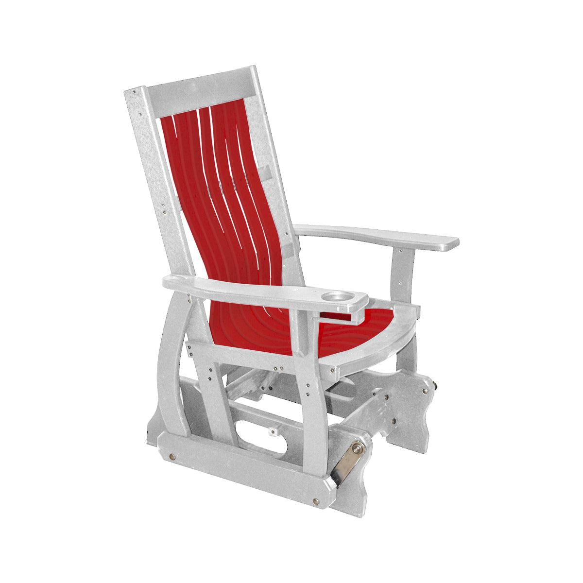 Mission style poly glider chair in grey and red with built-in cup holder