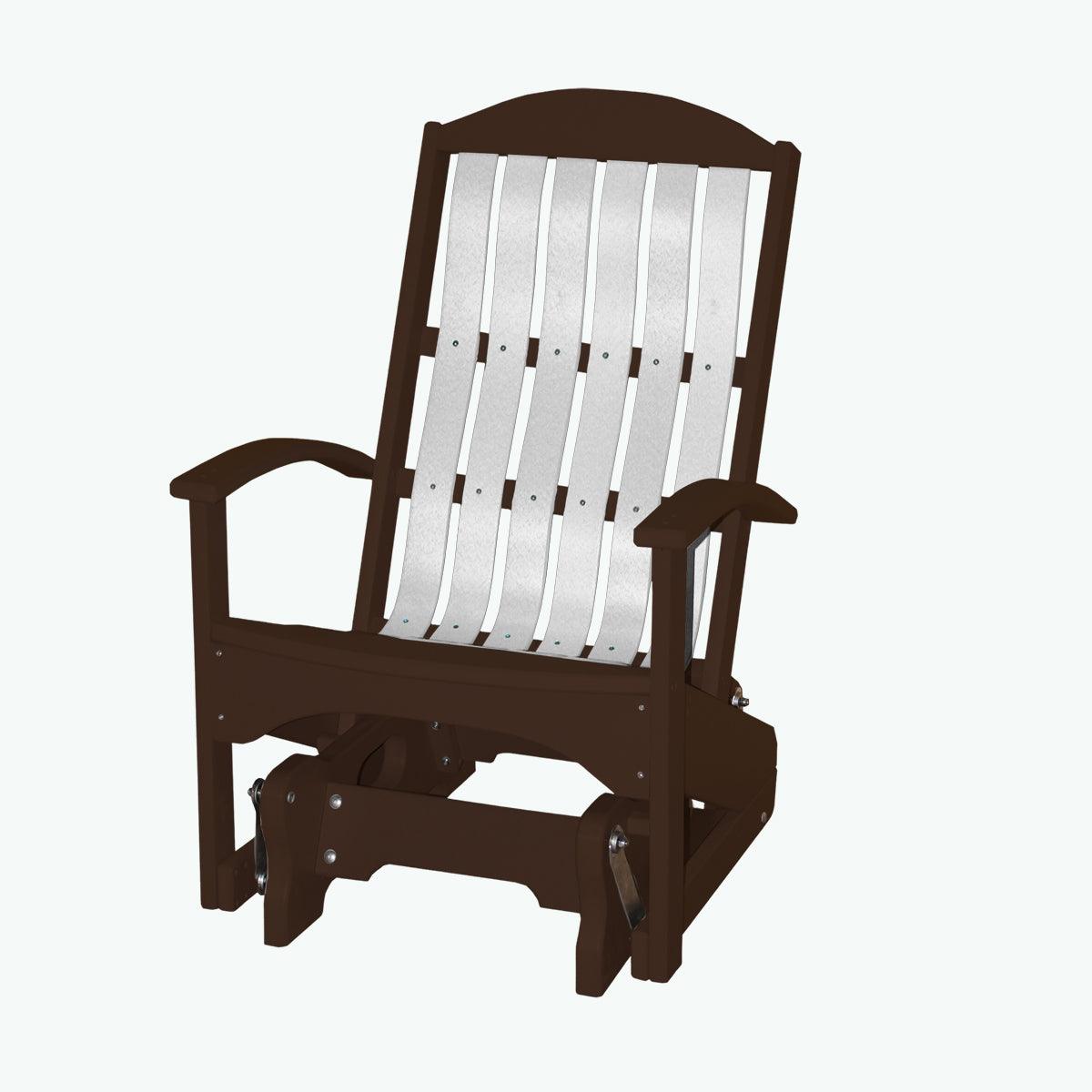 Beach Cruiser Glider chair in dark brown with white back slats.