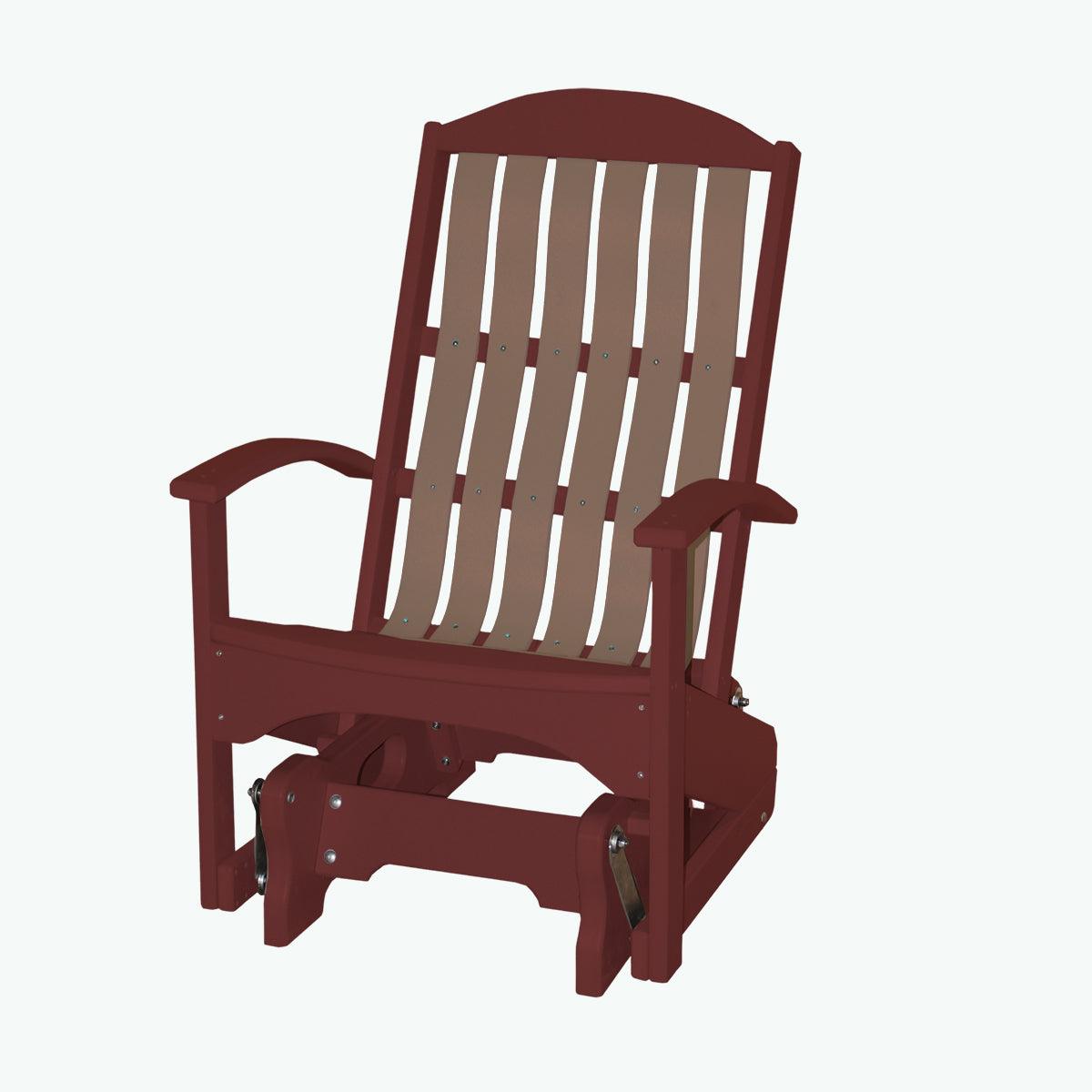 Two-tone maroon and tan Beach Cruiser Glider chair with a slatted back and armrests.