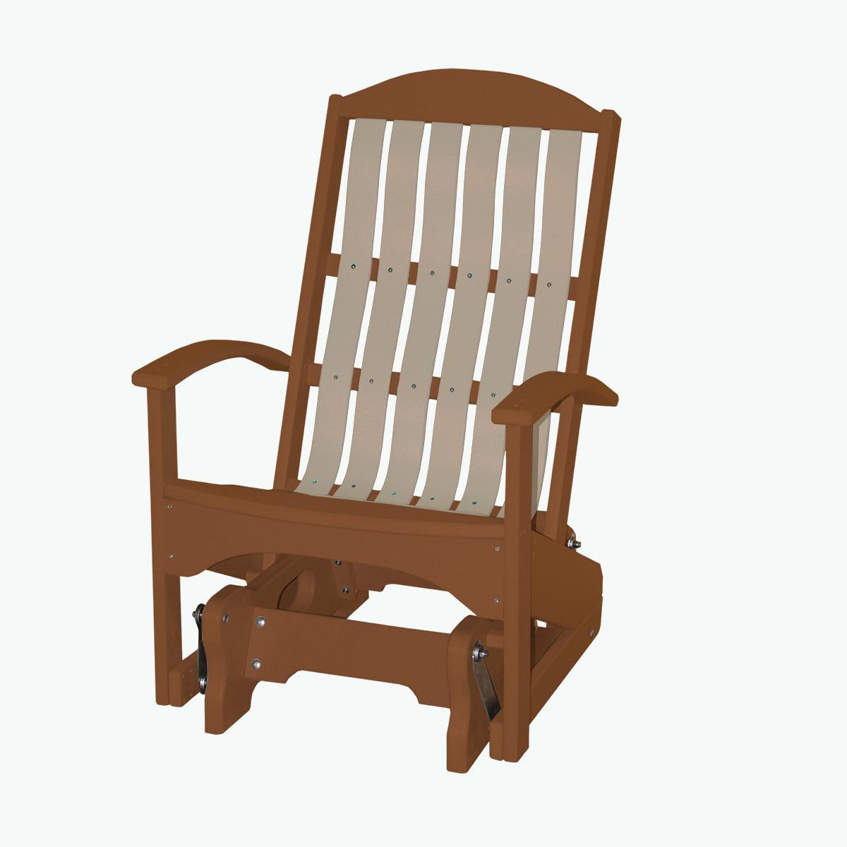 Brown and tan Beach Cruiser Glider chair with a slatted back and curved armrests.