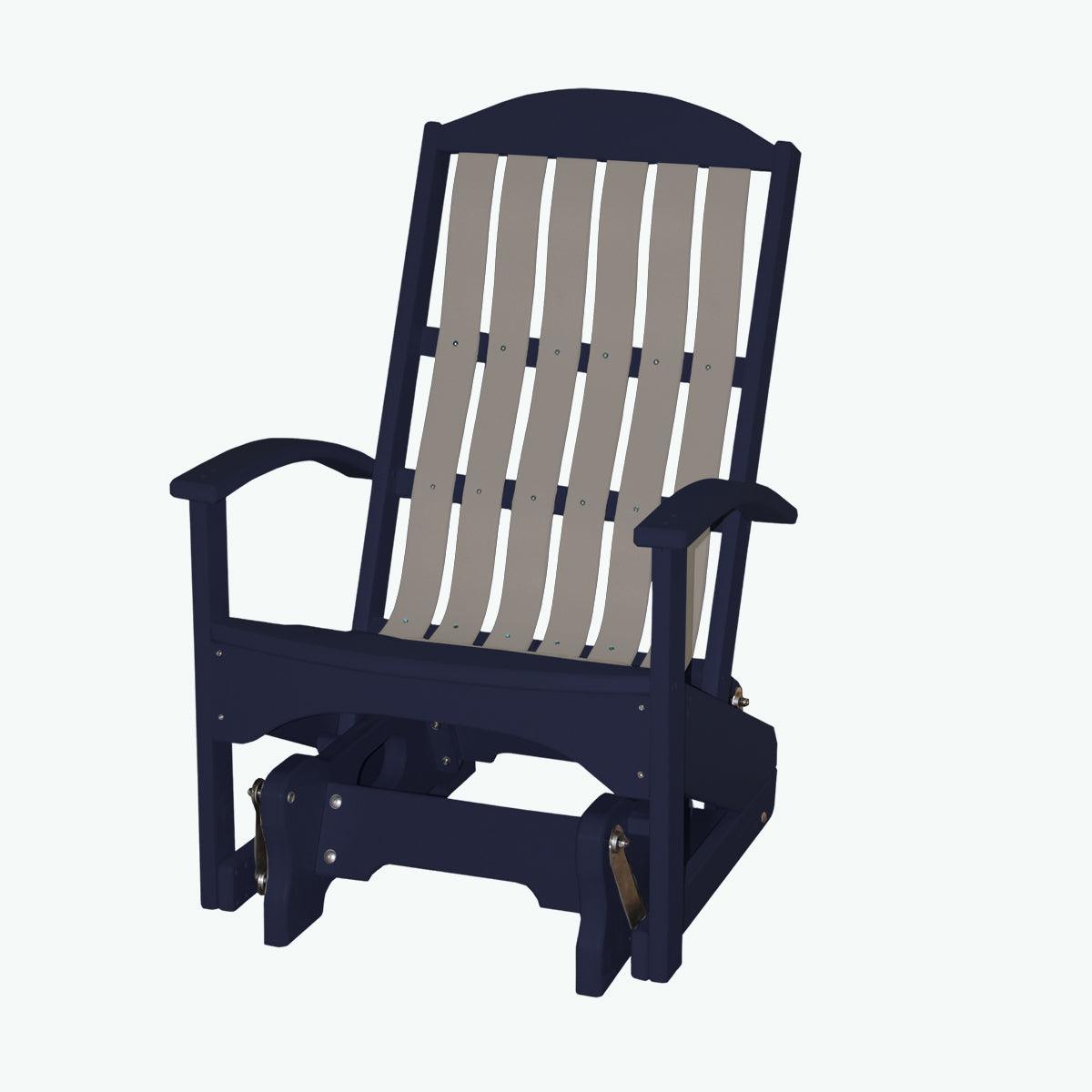 Navy blue and grey Beach Cruiser Glider chair with a slatted back and armrests.