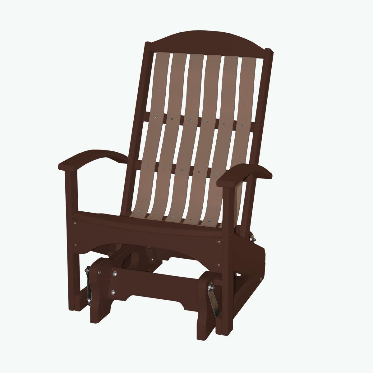 Two-tone brown and tan Beach Cruiser Glider chair with a slatted back and contoured seat.