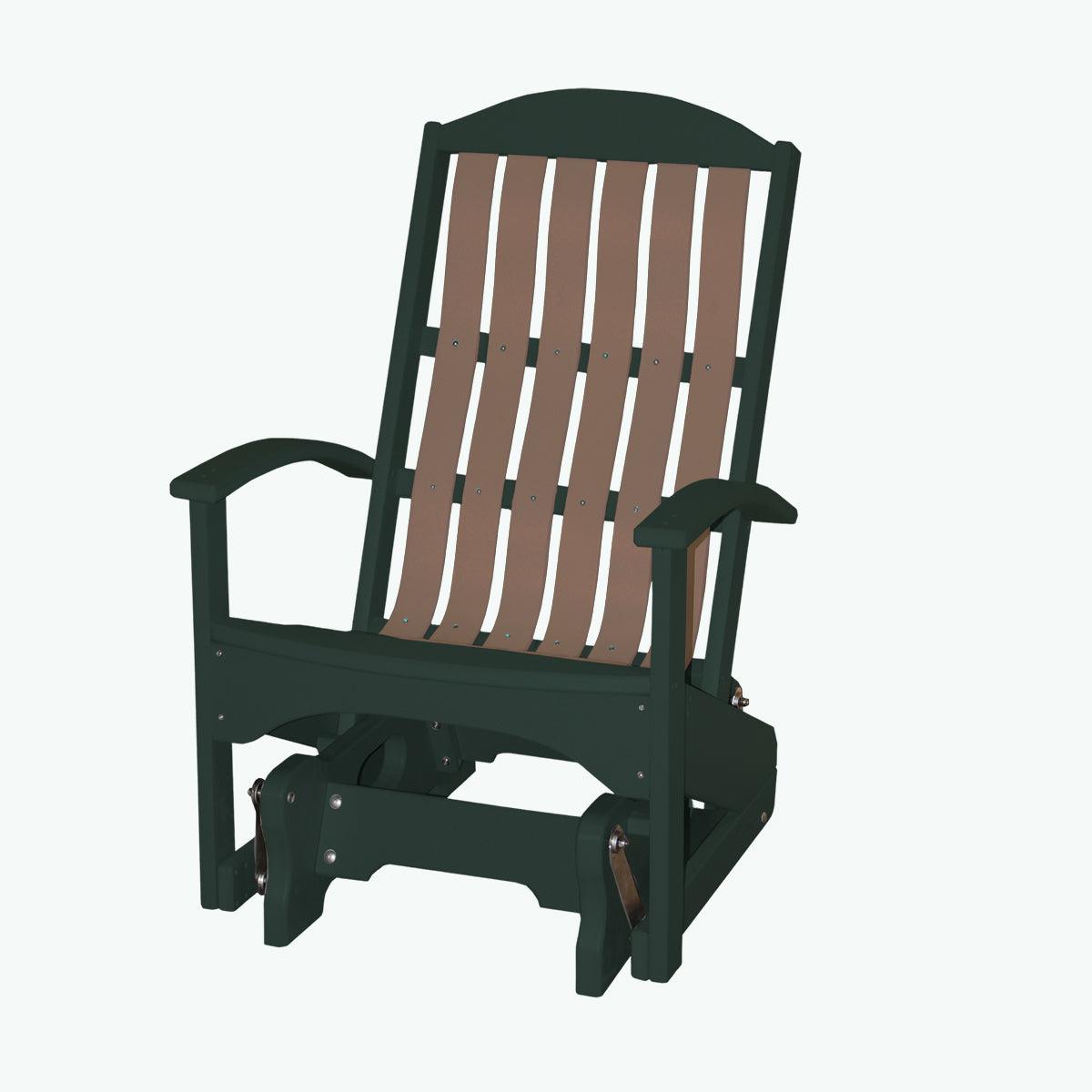 Beach Cruiser Glider chair in dark green and brown poly lumber with a slatted back.