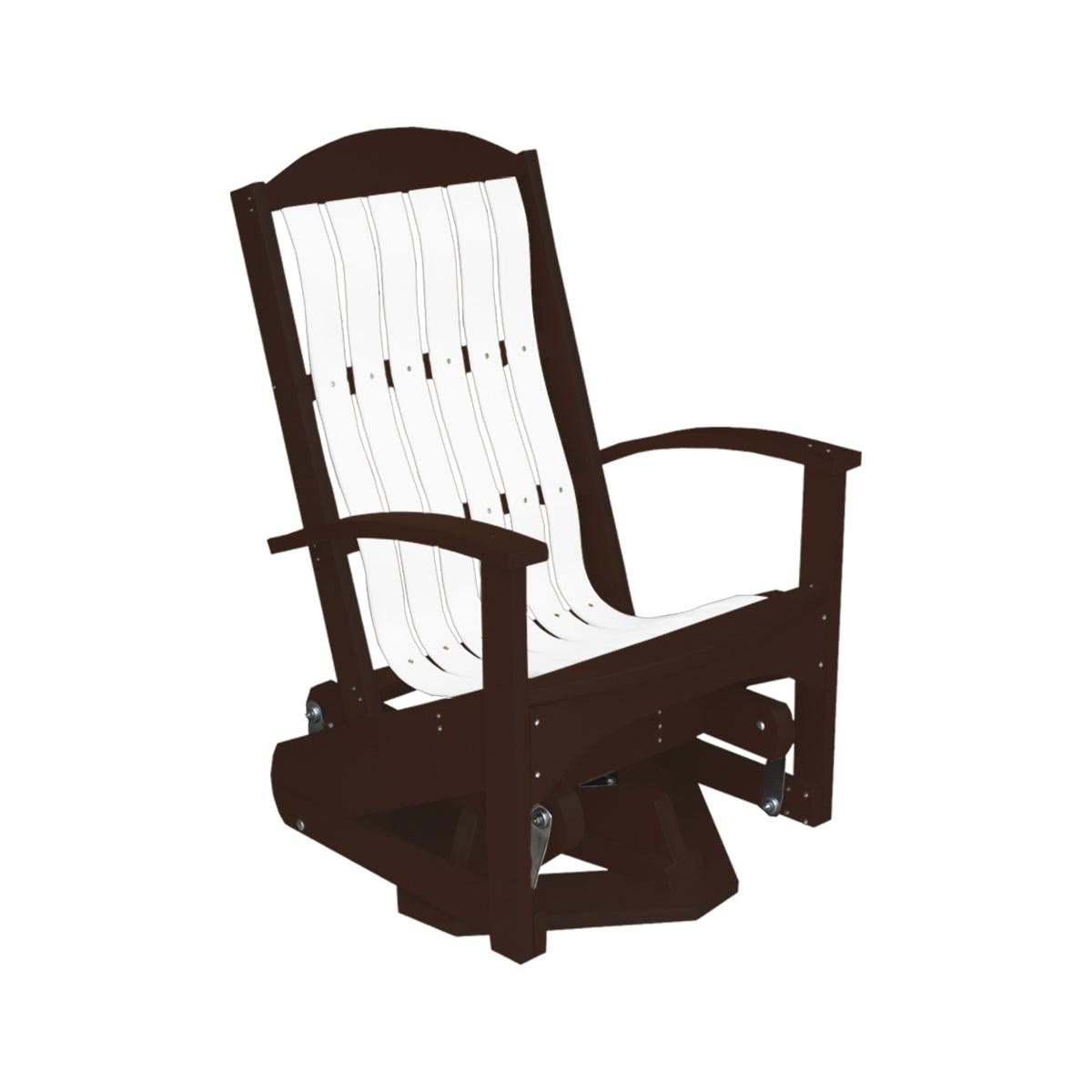 Two-tone brown and white poly Beach Cruiser swivel glider patio chair with Adirondack back.