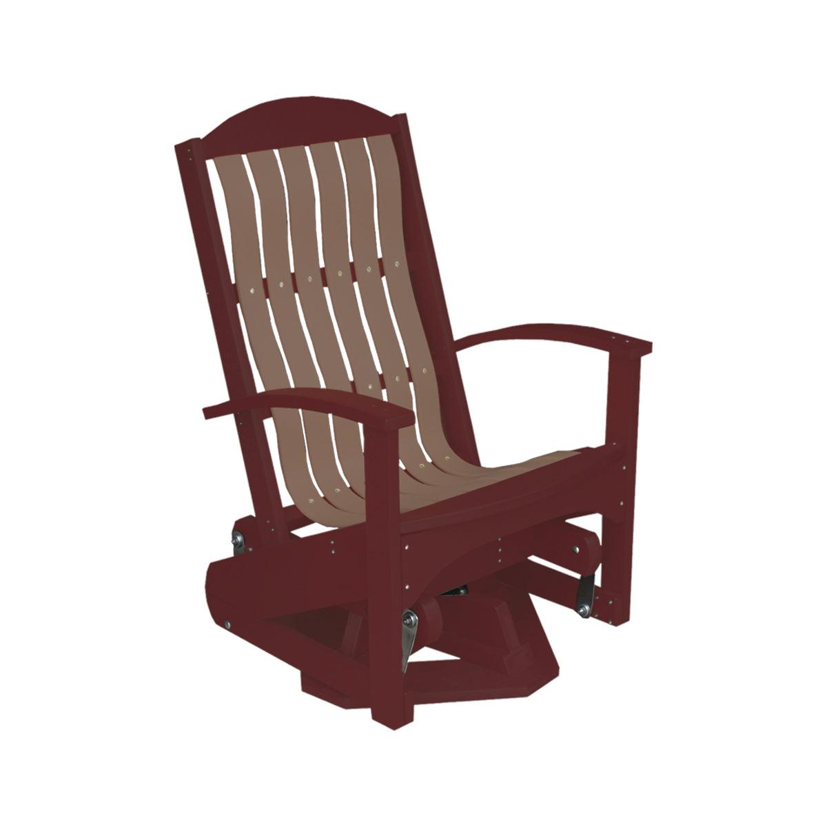 Two-tone burgundy and tan poly Beach Cruiser swivel glider patio chair.