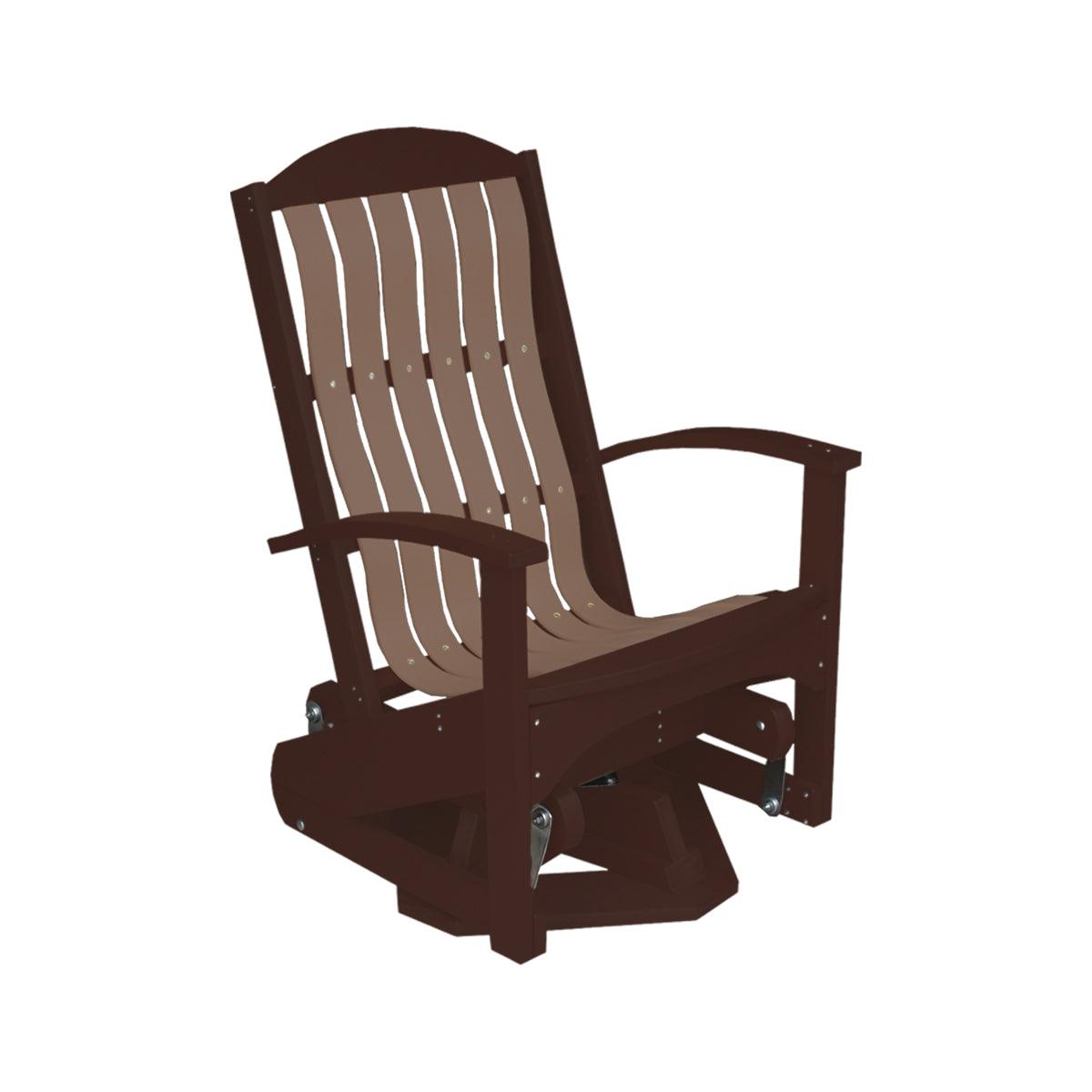 Brown and tan Beach Cruiser swivel glider Adirondack chair made of recycled plastic poly lumber.
