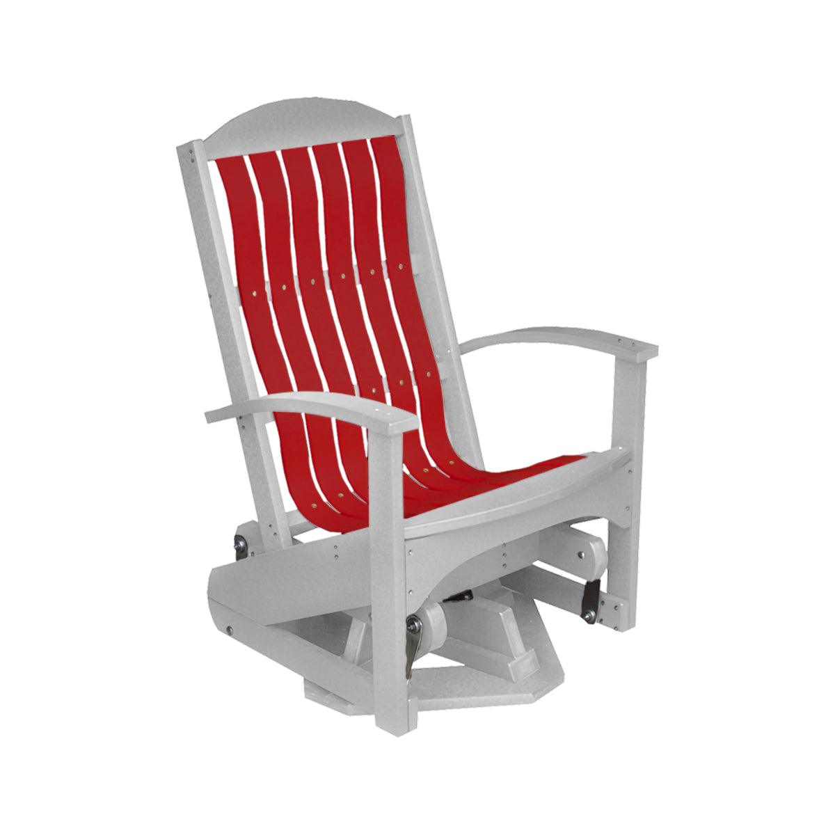 Red and white Beach Cruiser poly swivel glider chair with Adirondack-style backrest.