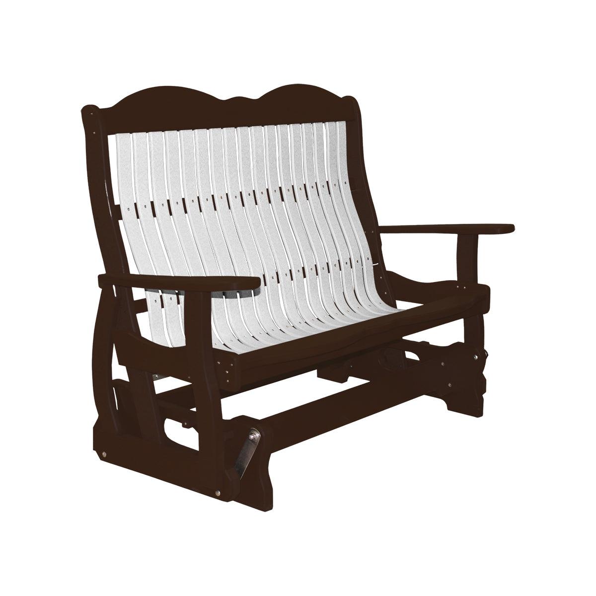 Classic Cottage Glider Bench in brown and white poly lumber with a curved backrest.