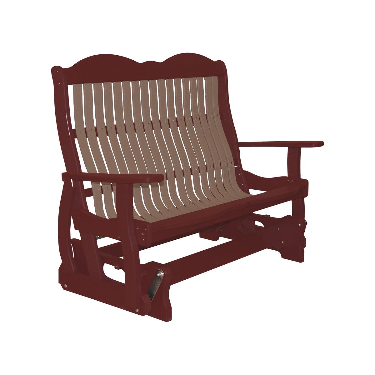 Classic Cottage Glider Bench in burgundy and tan poly lumber with a slatted back.