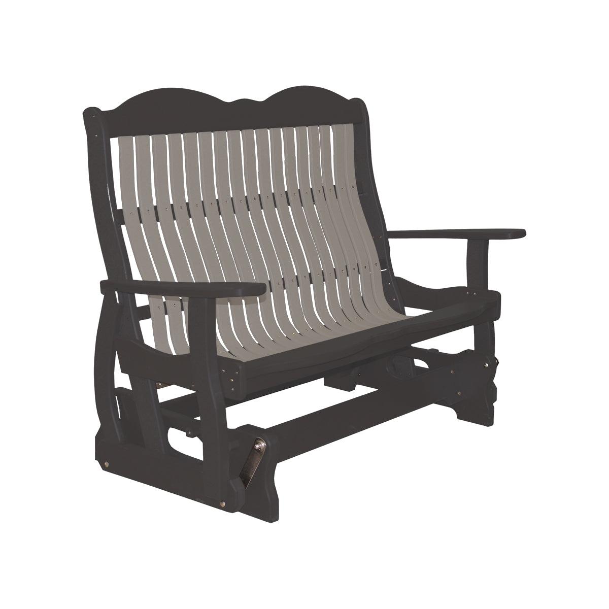 Classic Cottage Glider Bench in black and grey poly lumber with a slatted back.