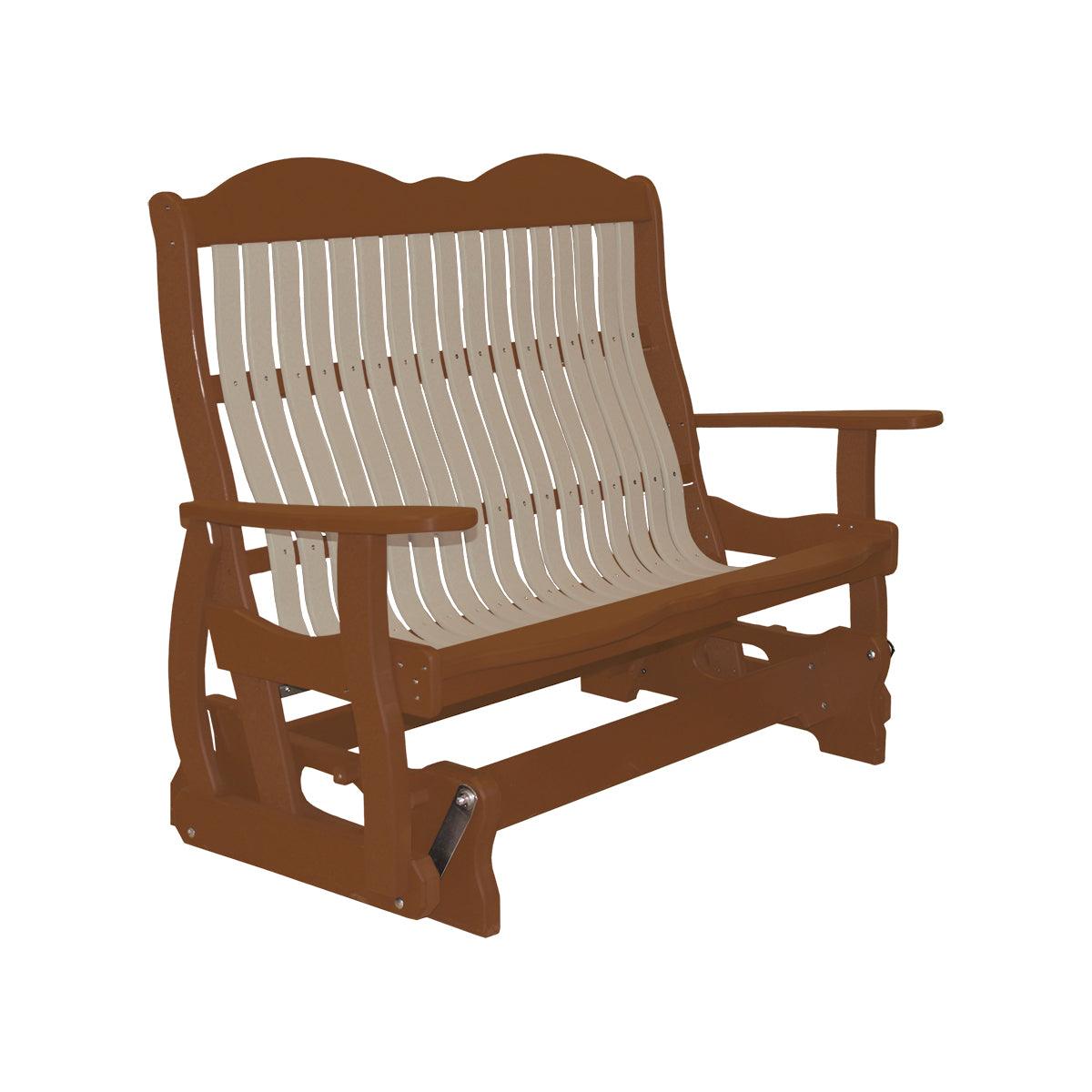 Classic Cottage Glider Bench in brown and beige poly lumber with built-in cupholders.