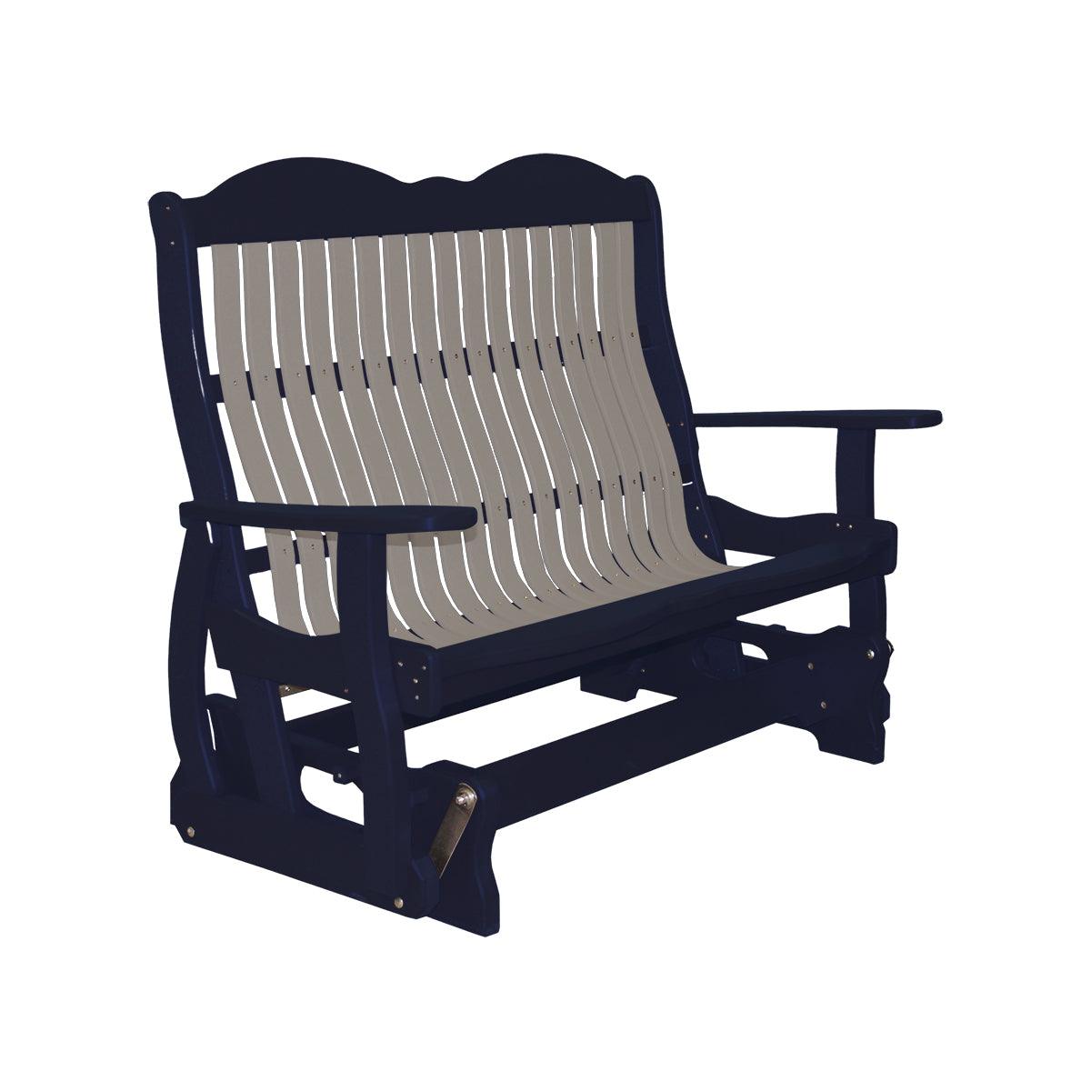 Classic Cottage Glider Bench in dark blue and tan poly lumber with built-in cupholders.