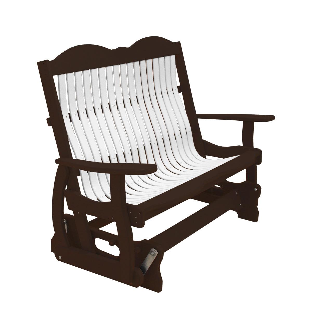 Two-tone brown and white Cottage Glider Bench with a Craftsman-style slatted backrest.