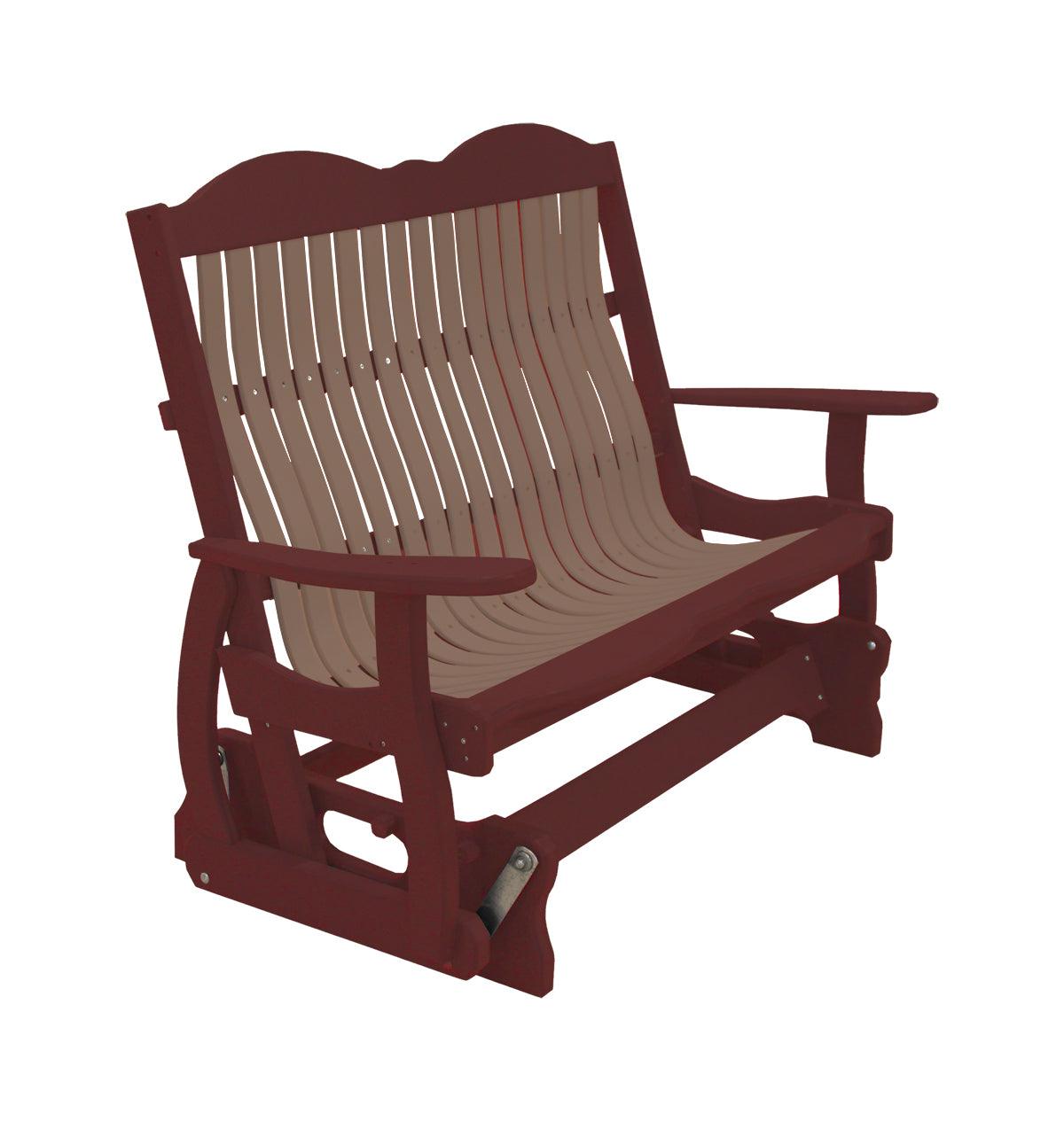 Two-tone red and tan poly outdoor Cottage Glider Bench with a slatted back and built-in cupholders.