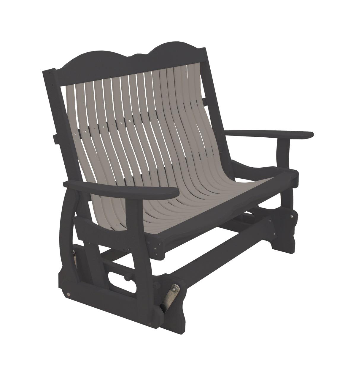 Two-tone grey and black Cottage Glider Bench with a slatted back and armrests.