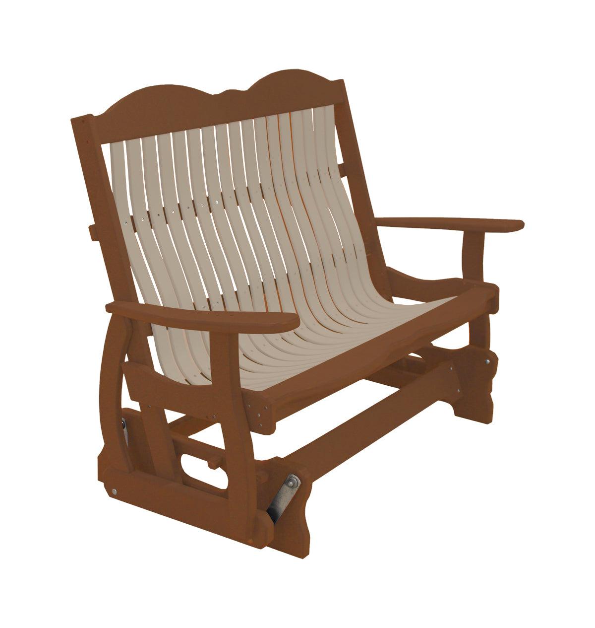 Brown and beige Craftsman-style Cottage Glider Bench with built-in cupholders.